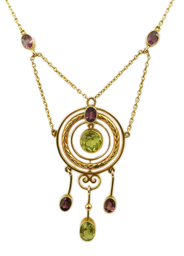 An Edwardian 9ct gold, peridot and garnet set drop pendant necklace, by Murrle Bennett & Co